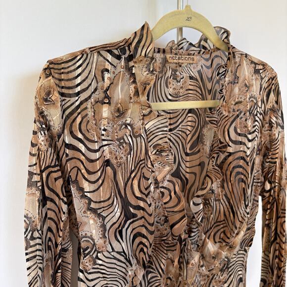 Y2K Hippie Neutral Sheer Blouse Whimsygoth Party Fall Psychedelic Ruffle Medium - Picture 2 of 7